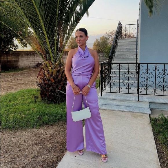 Zara Elegant Lavender plunge halter neck open backJumpsuit